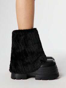 ROMWE Women's Thick Sole Furry Patchwork Mid-Calf Boots, Autumn/Winter For Christmas - Black - View 4