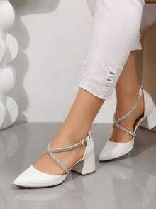 Zapatos de tacón mujer tiras brillantes punta fina hebilla tacón grueso estilo elegante fiesta boda diario pumps - Blanco - Ver 2