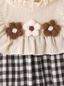 SHEIN Vintaside Kids 女婴复古优雅棕色格子灯芯绒荷叶边长袖连衣裙，适合休闲、优雅、可爱的日常穿着 - 棕色 - 查看 6