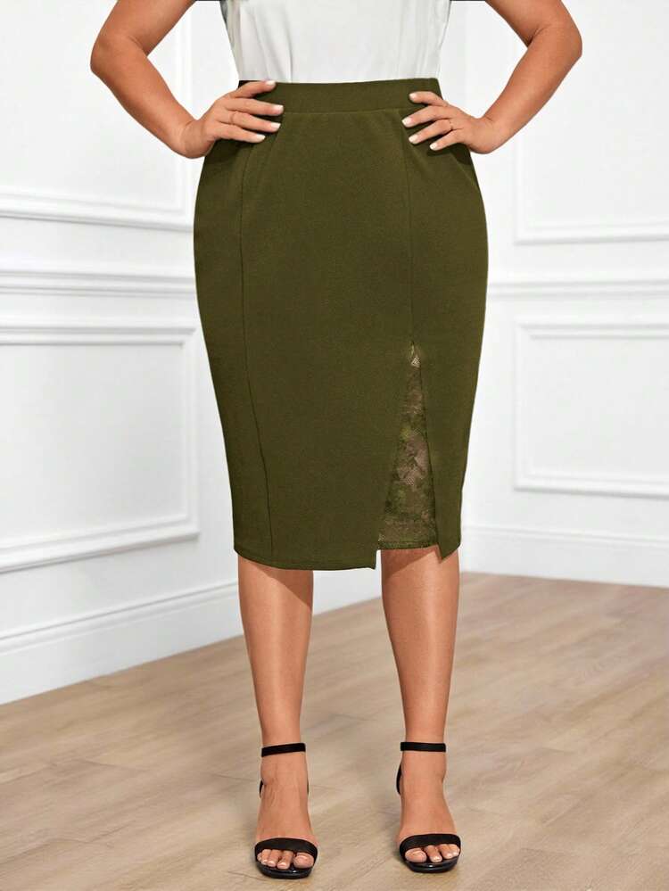 Plus Size Women High Waist Solid Color Contrast Lace Elegant Pencil Skirt