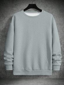 Manfinity Homme Men's Casual Versatile Solid Color Textured Crew Neck Quilted Textured Sweatshirt , Fall - Grey - View 3