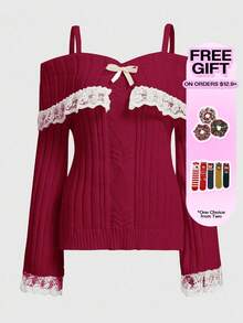 ROMWE Kawaii Lace Patchwork Bow Decor Red Long Sleeve Pullover Sweater - Burgundy - View 5