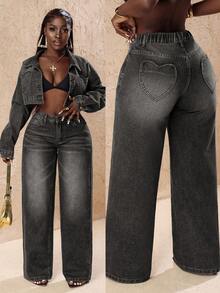 Slaydiva 大码女式宽松休闲牛仔心形口袋阔腿裤 - 淺灰色 - 查看 1