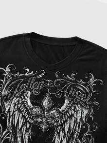 ROMWE MEN Street Life Men's Casual Rhinestone Letter & Wing Graphic T-Shirt - Black - View 3