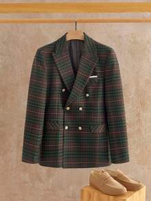 HIMLAND Men's Vintage Casual Plaid Mandarin Collar Double-Breasted Suit Jacket, Autumn Men Plaid Suit Men Double Breasted Suit Flannel Tuxedo Men 2 Piece Set Lapel Mens Jacket Suit Sports Coat Plaid Men - Multicolor - View 3