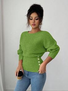 Selianne Women's New Autumn/Winter 1 Piece Design Batwing Sleeve High-End Buttoned Minimalist Everyday Knit Long Sleeve Top - Green - View 5