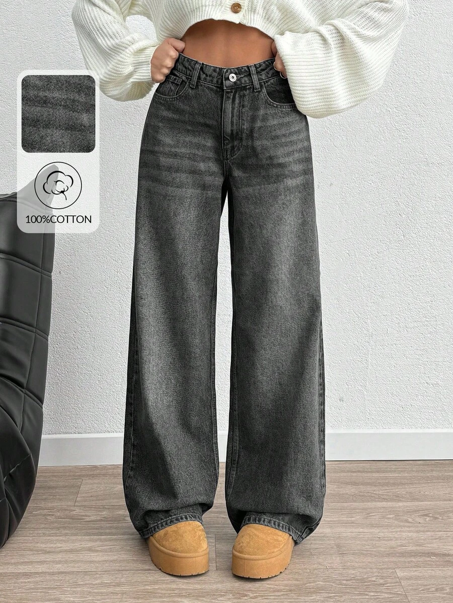 EURMUSE Pantalones vaqueros de tiro alto, pierna ancha, estilo Y2K, corte holgado para mujer - Gris Claro - Ver 1