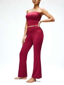 SHAPORA Women's Solid Color Bandeau Top And Waist Ruffle Flare Pants Pajama Set - Red Violet - View 5