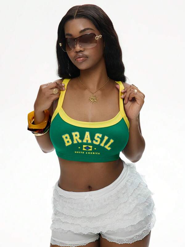 SHEIN EZwear Top deportivo de tirantes con estampado de letras y contraste