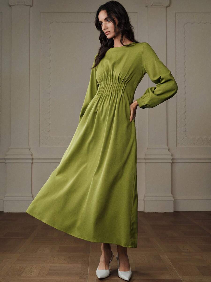 Aveloria Robe à col rond plissée avec cordon de serrage à la taille, manches longues, design mode et polyvalent - Vert - Voir 1