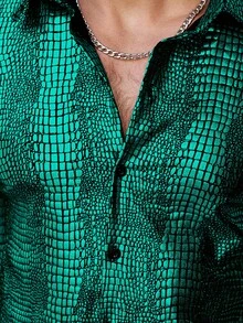 Manfinity AFTRDRK 男士时尚街头休闲鳄鱼纹长袖衬衫 男士长袖衬衫 蛇纹印花衬衫 男士绿色衬衫 - 綠色 - 查看 3