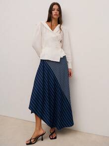 海军蓝不对称条纹中长裙，增添动感，适合节日度假、外出活动以及春夏造型。 - 藍色 - 查看 3