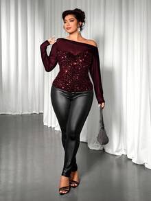 Cravure Nuova maglia a maniche lunghe da donna alla moda, aderente, con paillettes colorate e contrasto in rete trasparente - Bordò - Visualizzare 6