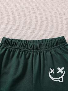 SHEIN Newborn Baby Cartoon Smiling Face Print Long Sleeve Top And Pants Set - Dark Green - View 5