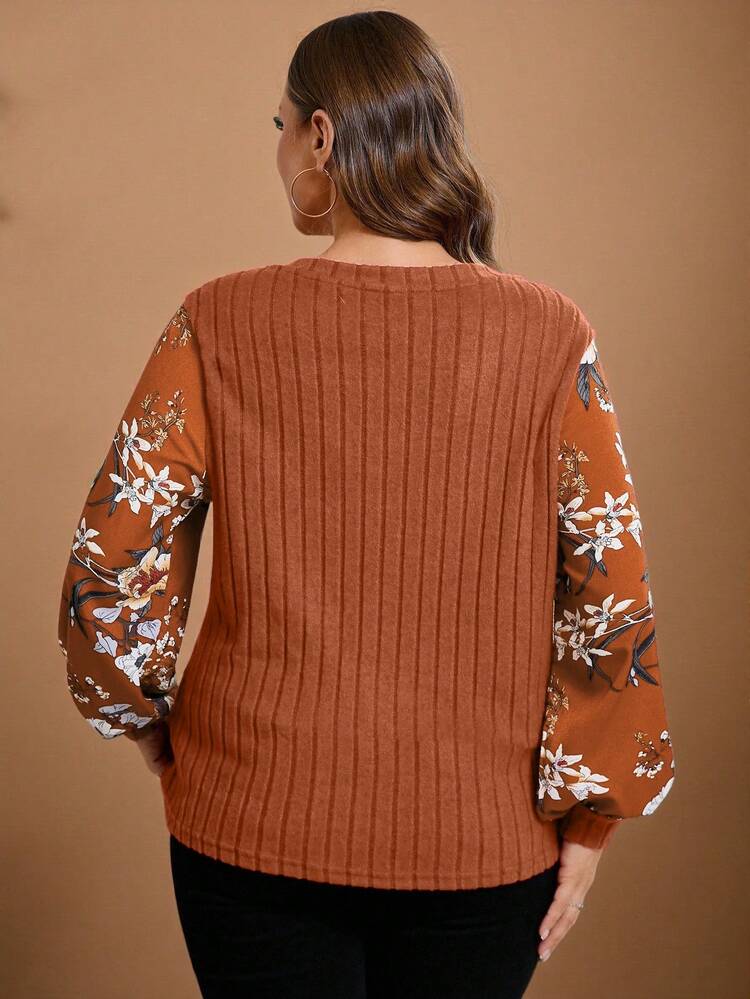 プラスサイズ女性コントラストフローラルプリントパッチワークランタンスリーブVネックカジュアルTシャツ、ブラウンランタンスリーブトップ秋新年クリスマス