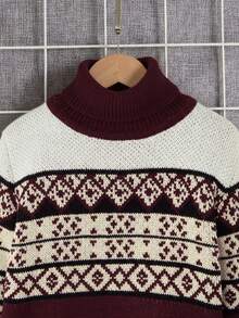 SHEIN Tween Boy Loose Casual Comfortable High Neck Retro Pattern Sweater