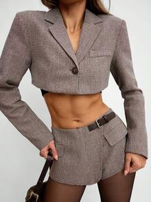 Avenya Women's Brown Plaid Cropped Blazer Jacket, Suitable For Commuting In Autumn - Brown - View 1