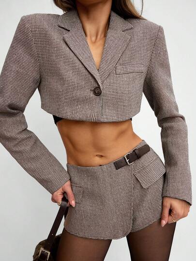 Avenya Women's Brown Plaid Cropped Blazer Jacket, Suitable For Commuting In Autumn