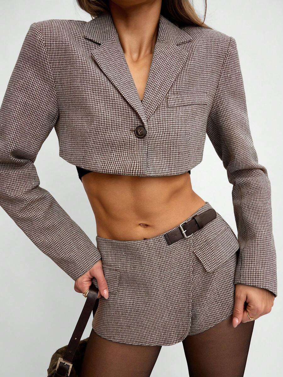 Avenya Women's Brown Plaid Cropped Blazer Jacket, Suitable For Commuting In Autumn - Brown - View 1