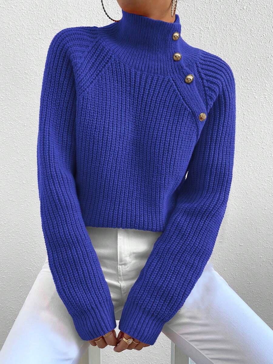 Elenzga Women's Casual Daily Button Decor Turtleneck Ribbed Knit Sweater, Autumn/Winter - Blue - View 1