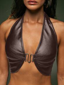 Denimoi 仿皮露脐吊带上衣，金属配件点缀，适合夜店等时尚场合，性感迷人 - 巧克力棕 - 查看 2