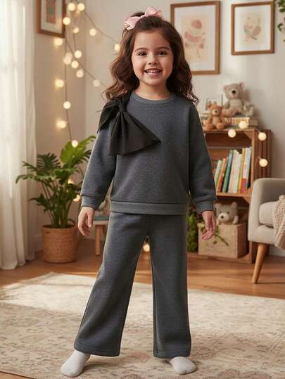 2 件套女孩休闲优雅撞色蝴蝶结运动衫和阔腿裤套装，适合日常穿着