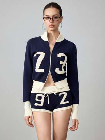 ROMWE Avant 2 Stücke Y2K sportlicher Retro Zahl Strickjacke & Shorts Set für Frauen