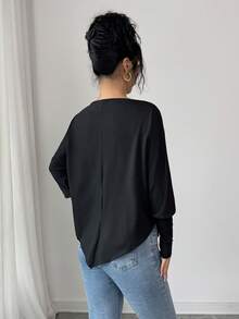 SHEIN Elenzya 女士优雅纯色弹力露肩宽松针织T恤，蝙蝠袖设计，秋冬款 - 黑色 - 查看 2