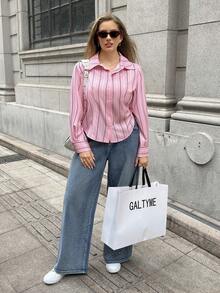 SHEIN EZwear 大码女式条纹长袖单排扣休闲/工作衬衫 - 粉色 - 查看 3