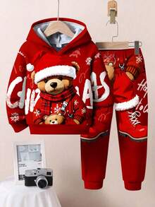 SHEIN 2 件套年轻男孩休闲简约时尚经典圣诞圣诞老人、圣诞树、圣诞礼物、可爱圣诞熊图案印花宽松连帽衫套装，适合秋冬季、圣诞节 - 彩色 - 查看 3