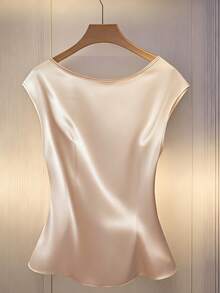 Franclia Women's Elegant Pleated Pearl Buttoned Short Sleeve Ruffle Collar Waisted Blouse Draped Top Cream Top Satin Top