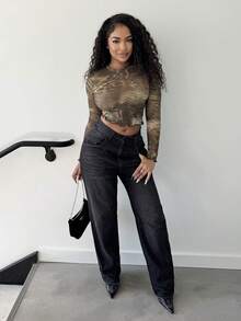 Alexandranx Top de malla de manga larga con estampado mixto de animales sexy para salir, festivales, fiestas, vacaciones en Ibiza, otoño, Halloween, invierno - Verde Oscuro - Ver 3