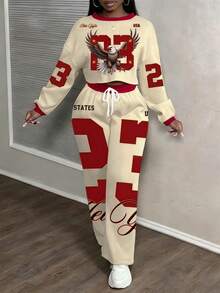 Slaydiva Conjunto de 2 piezas de top holgado de manga larga con cuello redondo y hombros caídos, y pantalones, en tallas grandes con contraste de colores - Multicolor - Ver 5