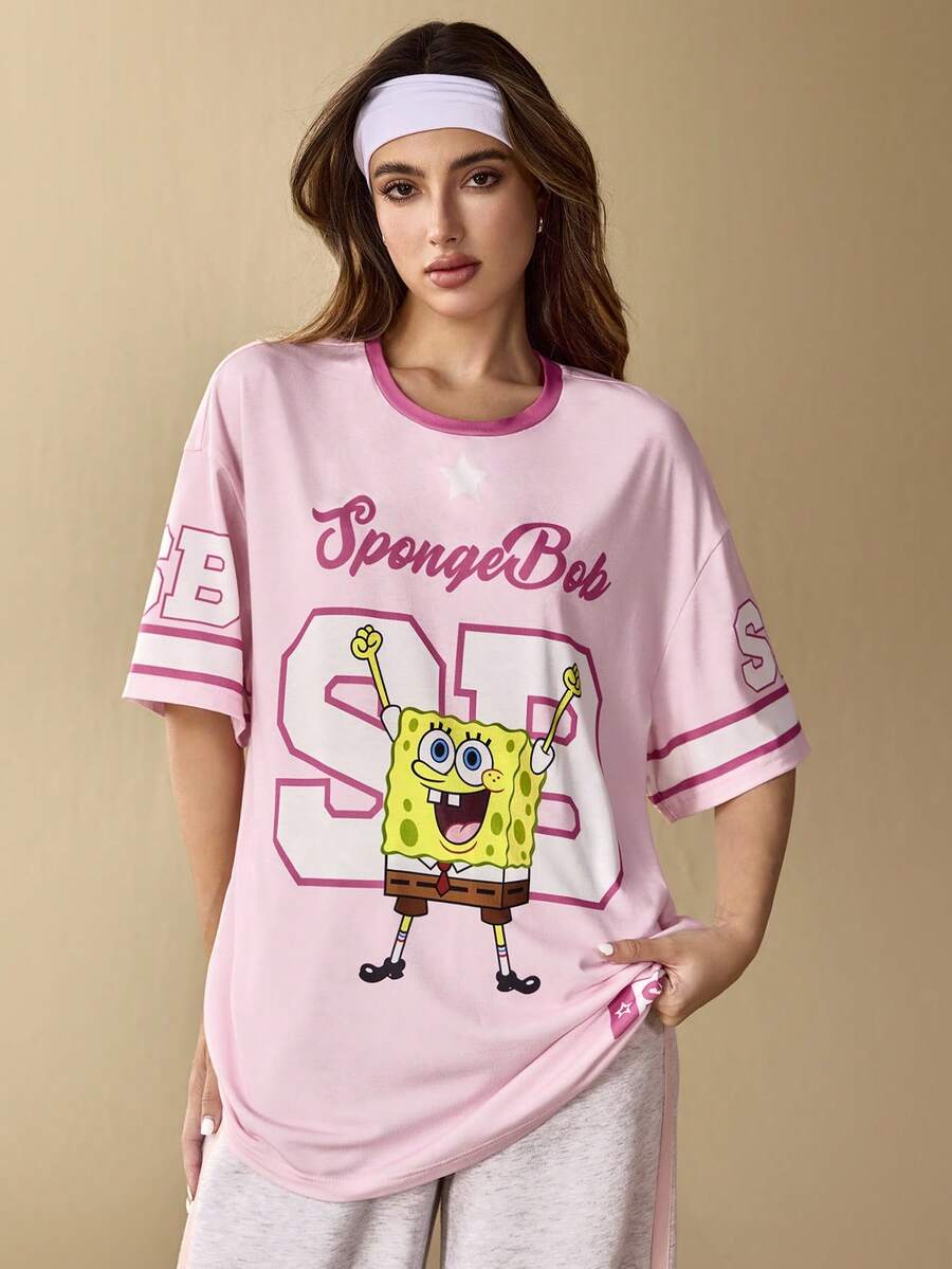 SpongeBob SquarePants | SHEIN Women's Casual Pink Cute Cartoon Pattern Sports Jersey T-Shirt, Autumn/Winter - Baby Pink - View 1