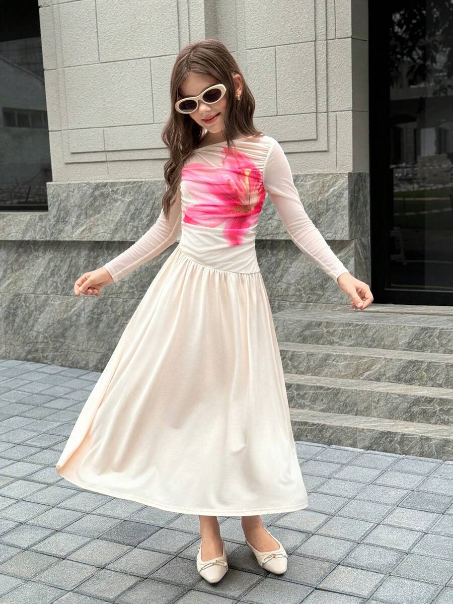 SHEIN 少女杏色针织印花优雅露肩网纱两件式喇叭袖长袖连衣裙,纯色长款连衣裙,下摆加长,适合秋冬季节、正式场合、舞会、情人节、度假等。 - 香檳色 - 查看 1