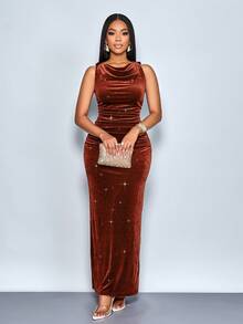 SOLERSUN 女士优雅纯色垂褶领无袖派对礼服，适合宴会等场合 - 鏽棕色 - 查看 3