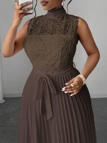 Maweii Plus Size Women Stand Collar Sleeveless Pleated Lace Ruched Waist Dress - Brown - View 5