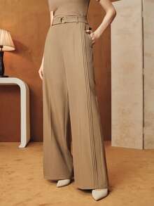 Anewsta Women's Elegant & Sophisticated Khaki Wide Leg Pants With Waist Belt & Pleated Leg Design