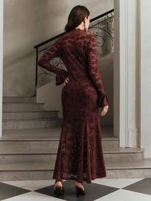 Anewsta Women's Autumn/Winter Fitted Mermaid Hem Dress, Casual Party Dress With Flare Sleeves, Burgundy Lace Ruffle Collar Elegant Lady Dress - Burgundy - View 8