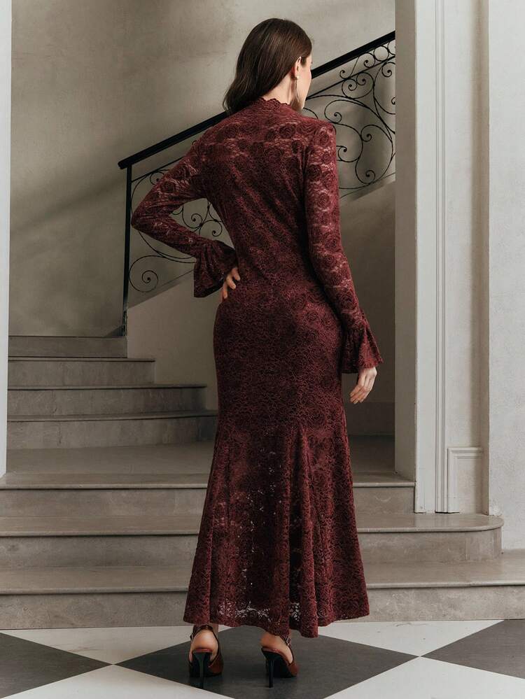 Women's Autumn/Winter Fitted Mermaid Hem Dress, Casual Party Dress With Flare Sleeves, Burgundy Lace Ruffle Collar Elegant Lady Dress