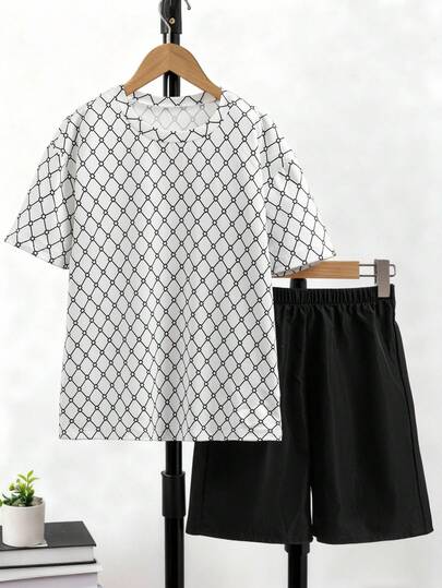 SHEIN Explorewe 2pcs/Set Tween BoyGraphic Print Top + Solid Color Pants, Versatile Casual, Comfortable, Suitable For School, Gatherings, Outdoor And More Two Piece Boy Sets Tween Boy Clothes Short Set