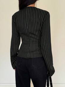 Siren Gaze Women's Striped Waist Cinching Long Sleeve Shirt, Autumn/Winter Black Business Casual Top Office Blouse Women Blouses Elegant Spring - Black - View 2