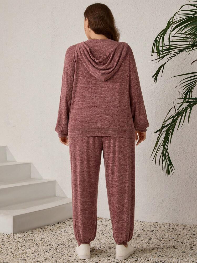 Plus Size Solid Color Hooded Half-Zip Long Sleeve Top And Pants Casual 2 Pieces Set