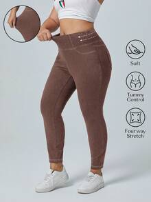 SHEIN Unity Jeans elásticos de corte skinny, ajuste relajado y desgastado, talla grande, informal - Café integral - Ver 1