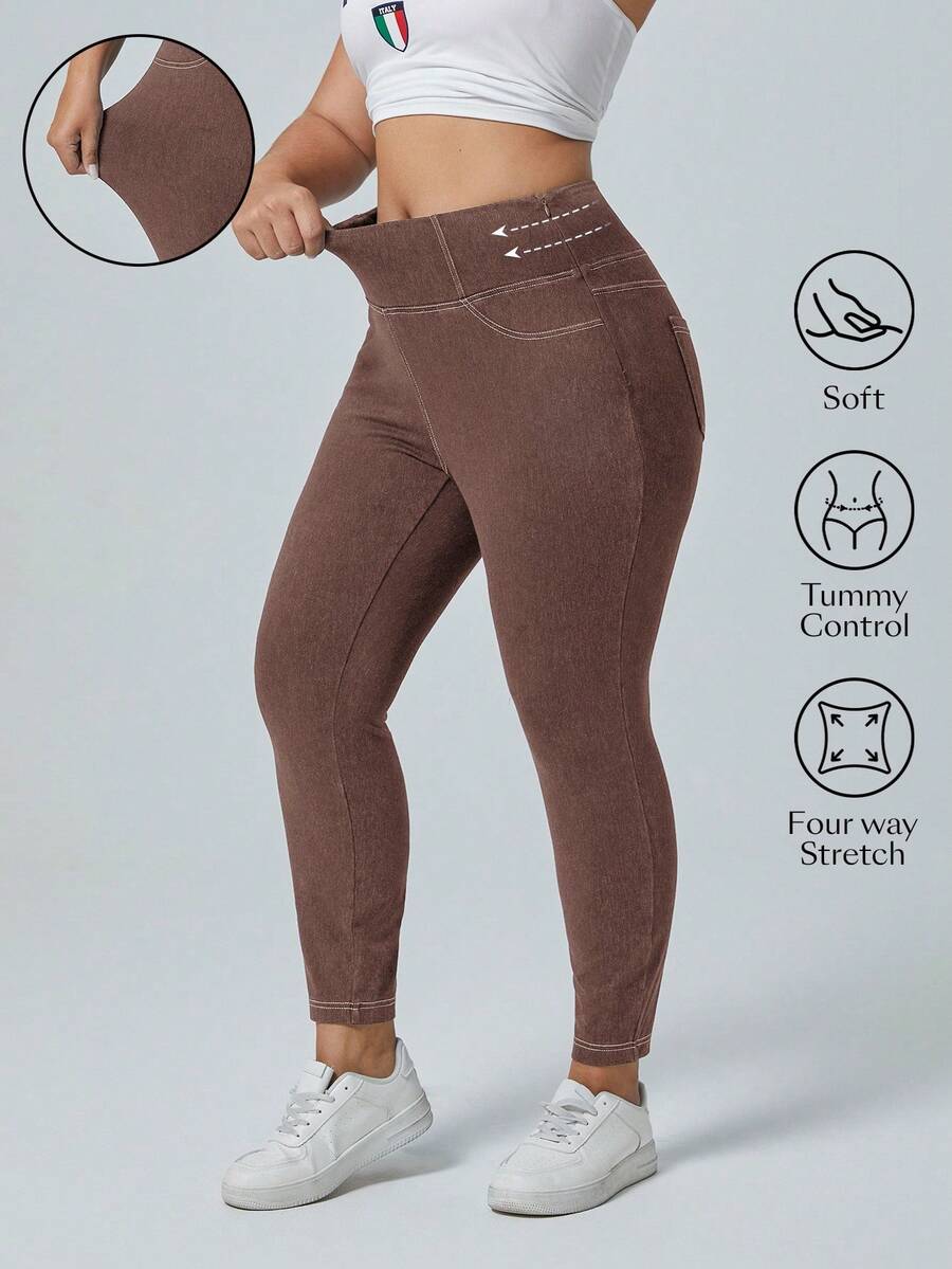 SHEIN Unity Jeans elásticos de corte skinny, ajuste relajado y desgastado, talla grande, informal - Café integral - Ver 1