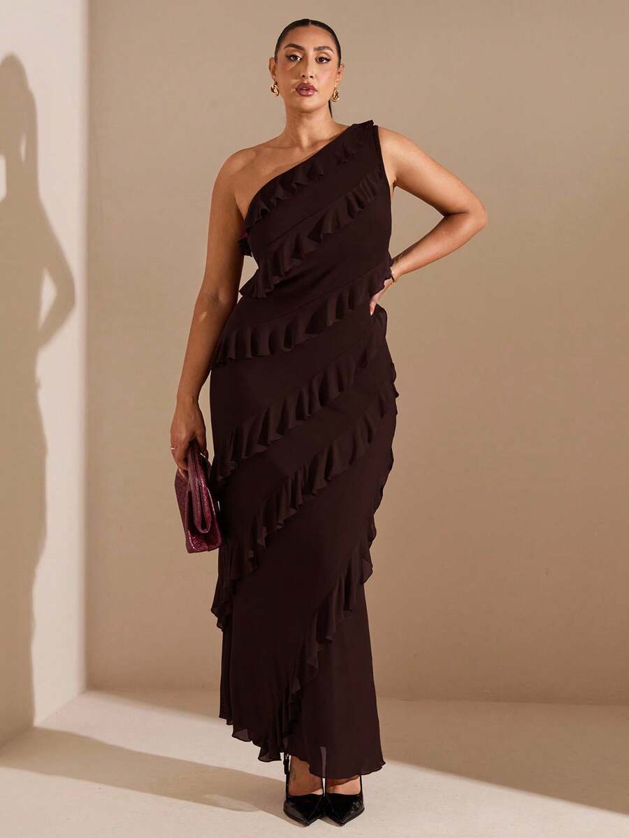 SHEIN BAE Plus Size Women Asymmetric Ruffle Hem Long Dress, Early Autumn - Coffee Brown - View 1