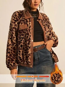 SHEIN VCAY 大码休闲豹纹仿毛皮外套，秋冬季豹纹外套，猎豹纹外套，保暖舒适蓬松休闲外套，适合外出穿着，秋季感恩节新年冬季皆宜