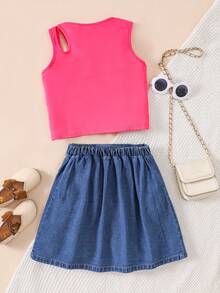 SHEIN ChillGRL 2pcs Tween Girl Hollow Knit Top & Denim Mini Skirt Set, Casual Summer Outfit - Hot Pink - View 2