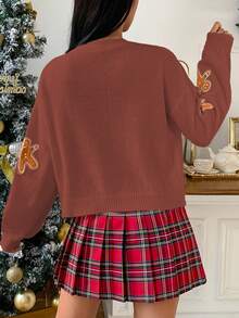 SHEIN LUNE Women's Gingerbread Pattern V-Neck Knit Cardigan, Christmas Style White Short Sweater Jacket - Redwood - View 2