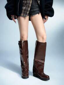 Sugerpunk Women's Buckle Design Fashion Everyday Versatile Knee-High Boots For Christmas - Brown - View 5